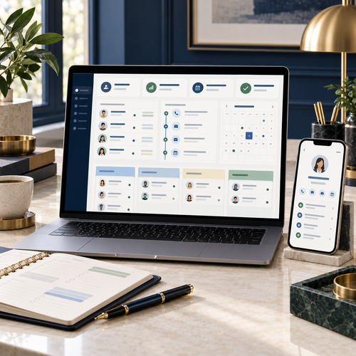 Clientes y Seguimientos de NEVUNI Business en una oficina elegante con panel CRM